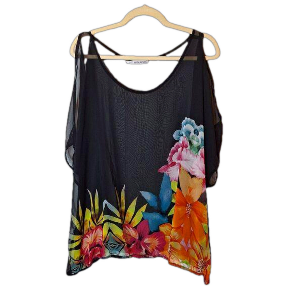 Maurice's Size 3 US 24/26 Pullover Blouson Top Sheer Black Floral Cold Shoulder